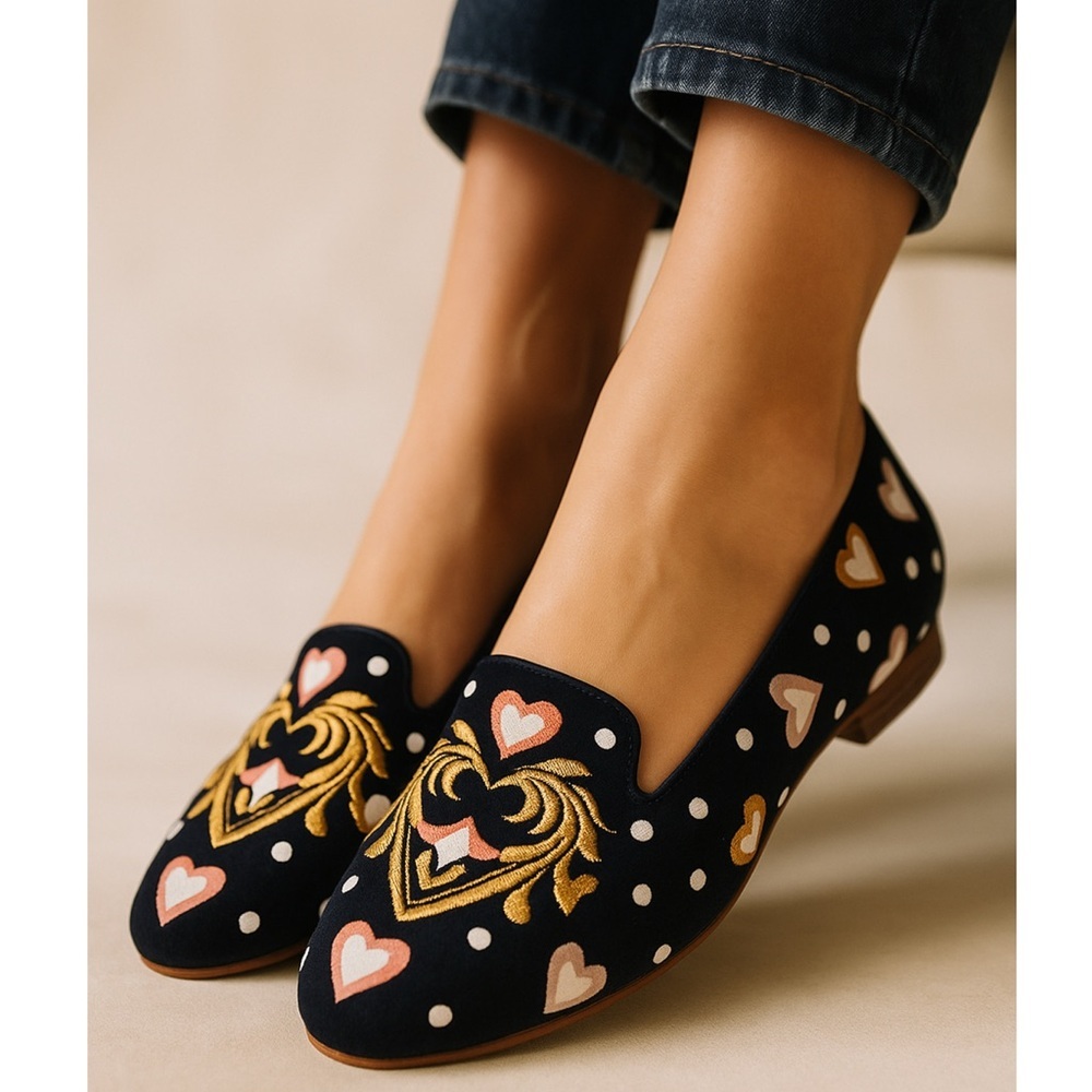 J. Crew Sophie Embroidered Golden Heart Royal Crest Loafers Navy Blue Polka Dot